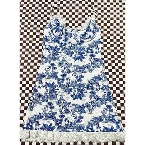 New Women White Blue Tropical print Dress Adjustable Strap Underwired Size small
